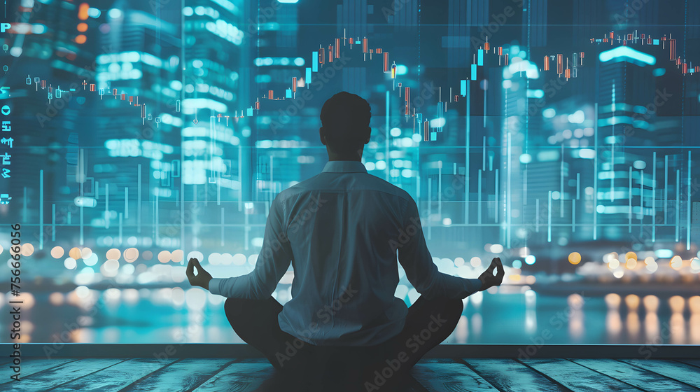 Connection between mental clarity gained from meditation and strategic investment decision-making, focus mindset on investment and business - obrazy, fototapety, plakaty 