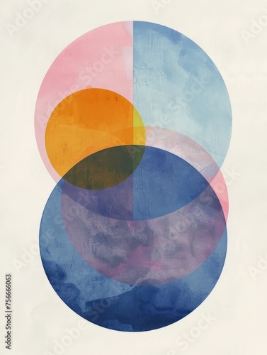 A painting featuring three perfectly round circles in varying sizes, all painted on a stark white background.