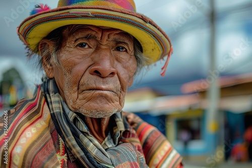 Elderly Man Wearing Colorful Blanket and Hat