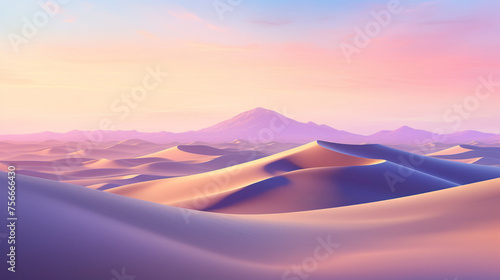 A serene desert landscape at dawn, with dunes stretching as far as the eye can see, bathed in the soft hues of the rising sun.
