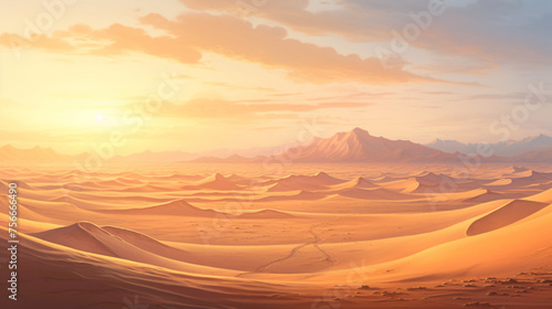 A serene desert landscape at dawn  with dunes stretching as far as the eye can see  bathed in the soft hues of the rising sun.