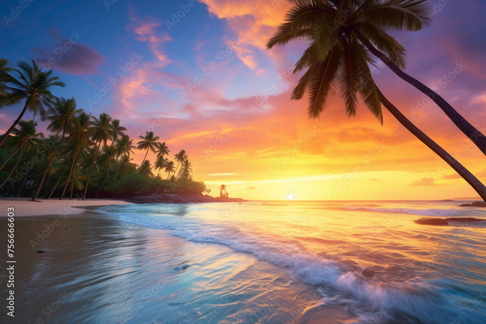 A secluded tropical paradise, where lush palm trees frame a serene beach with powdery white sand and turquoise waters under a vibrant sunset sky.