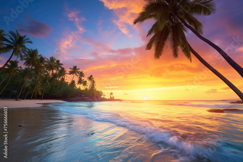 A secluded tropical paradise  where lush palm trees frame a serene beach with powdery white sand and turquoise waters under a vibrant sunset sky.