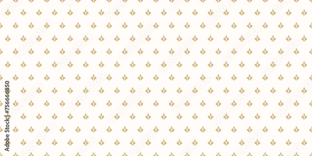 Golden vector geometric texture with small diamond shapes, feathers, simple flower silhouettes. Abstract floral seamless pattern. Minimalist gold and white background. Elegant repeating geo design