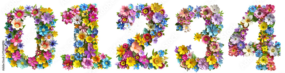 number 0, 1, 2, 3, 4 font made with flowers on transparent background cut-out - generative ai