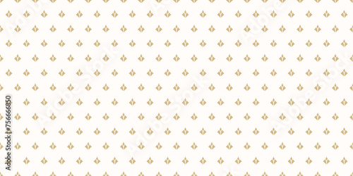 Golden vector geometric texture with small diamond shapes, feathers, simple flower silhouettes. Abstract floral seamless pattern. Minimalist gold and white background. Elegant repeating geo design