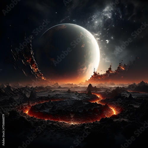 3D rendering featuring a dark Earth partially eclipsed by shadows in space