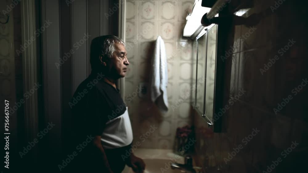 Tired senior man looking at his own reflection standing in bathroom mirror, profile body in humble residence depicting old age Tired senior man looking at his own reflection standing in bathroom mirror, profile body in humble residence depicting old age