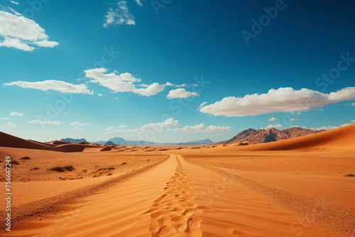 A sunlit road through a golden desert  with sand dunes on either side and a cloudless blue sky above  stretching to the horizon.