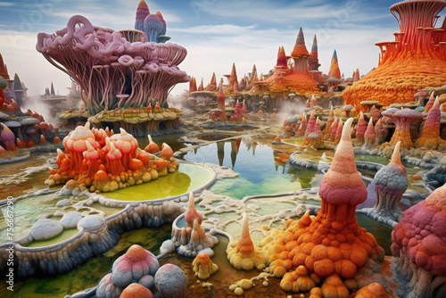 A surreal, alien-like landscape of colorful hot springs and bubbling geysers