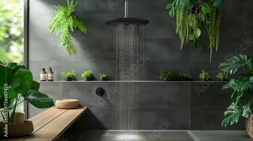 Luxury eco-friendly shower featuring ceiling-mounted rain shower head in modern bathroom with lush greenery photo