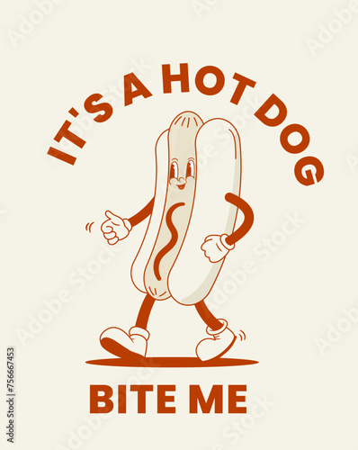 Retro cartoon hot dog character vector illustration. Vintage bratwurst mascot. Funny fast food poster