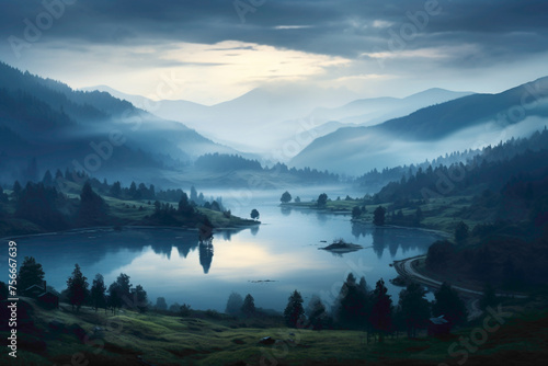 A tranquil lake nestled between rolling hills, with mist rising from the water's surface as the first light of dawn illuminates the landscape.