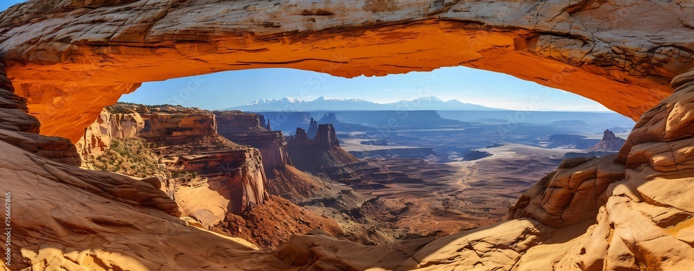 The Milan arch in Utah with a view of the valley floor at Canyonlands National Park. The arch has a scenic view of the landscape in the style of an artist - obrazy, fototapety, plakaty 