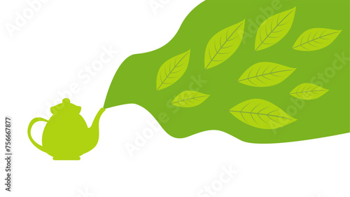 Green tea pot with steam of aromatic  matcha, mate, oolong, green tea leaves. Flat vector illustration. Matcha tea green background concept.	
