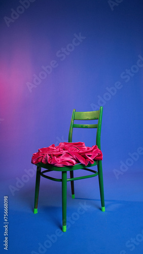 flower chair on blue background, spring decor