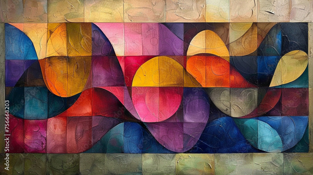 Fototapeta premium A painting with colored forms arranged on a beige background, creating a chromatic abstract composition