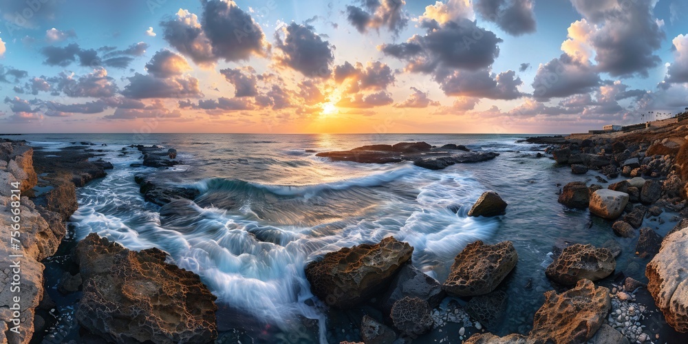 Sunset over rocky shore with ocean waves and city skyline in the background