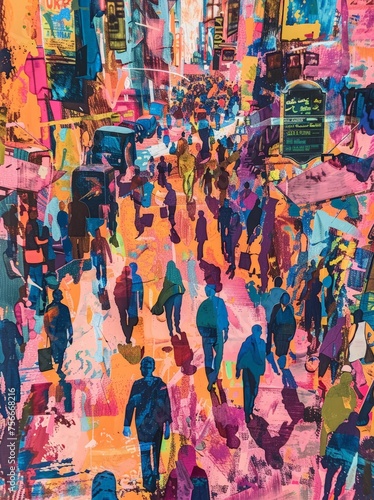 A painting depicting a group of people walking on a bustling city street, with buildings and vehicles in the background. © pham