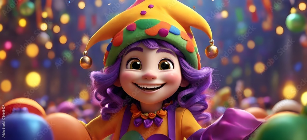 A smiling girl in a jester's costume in a cheerful atmosphere celebrating April Fool's Day. A smiling girl in a jester's costume in a cheerful atmosphere celebrating April Fool's Day.