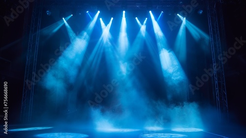 A dark empty stage, dark blue background, an empty dark scene, neon light, spotlights The asphalt floor and studio room with smoke night view