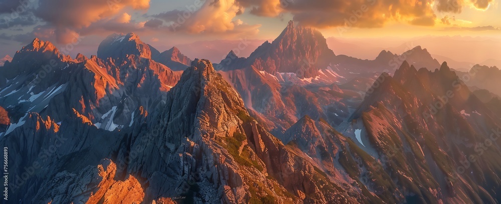 panoramic view of the Tatra Mountains, sunset, rocky peaks, sharp rocks, photo taken from top to bottom, golden hour, orange and red colors