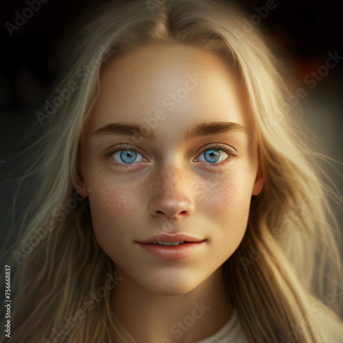 Blue eyes and blonde teenager smiling