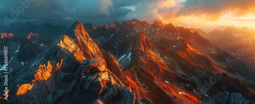 panoramic view of the Tatra Mountains, sunset, rocky peaks, sharp rocks, photo taken from top to bottom, golden hour, orange and red colors