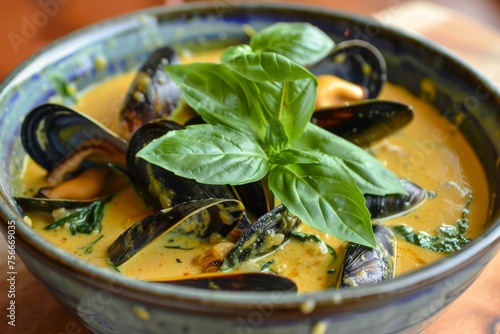 Traditional mussels with a creamy sauce - Steamy bowl of mussels in a savory creamy sauce garnished with fresh basil, a perfect blend of sea and herb flavors