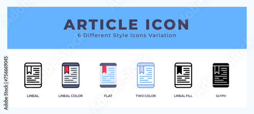 Article icon set with different styles. Icons designed in filled. outline. flat. glyph and line colored.