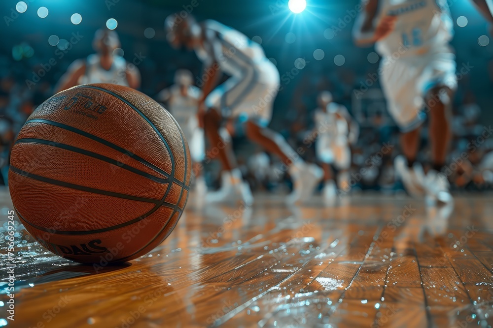Closeup of basketball players dribbling the ball on an indoor court, with blurred fans in the background. - obrazy, fototapety, plakaty 