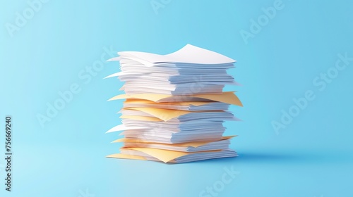 Stacked sheets of paper on blue background, top view