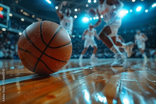 Closeup of basketball players dribbling the ball on an indoor court, with blurred fans in the background.