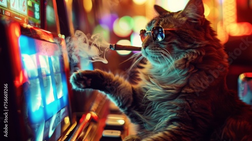 Stylized cat engaging with casino game - A striking image showing a cat deeply engrossed in a casino game with vivid neon lights