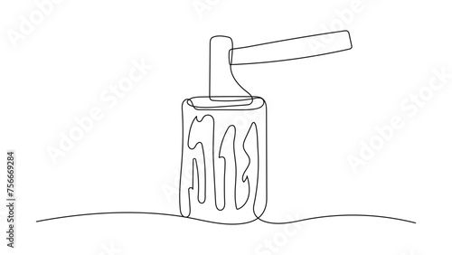 Single continuous one line drawing Hatchet in tree stump. Outline axe stuck. Forest, camping concept. Dynamic hand drawn graphic design vector illustration with editable stroke