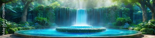 Abstract illustration of a fountain in a tropical forest park. Background for poster, banner, social media, place for text