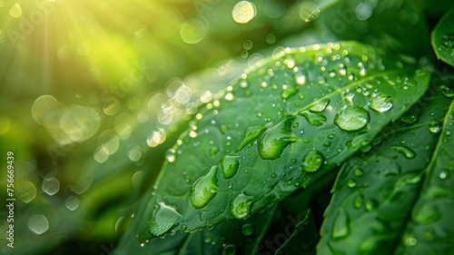 Fresh green leaves with sparkling dew drops - Close up of fresh green leaves with morning dew drops shining in the sunlight, evoking freshness and growth