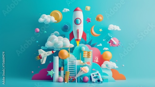 Paper art style of space exploration concept - Colorful 3D paper art design featuring a rocket launching with various space-themed elements surrounding it