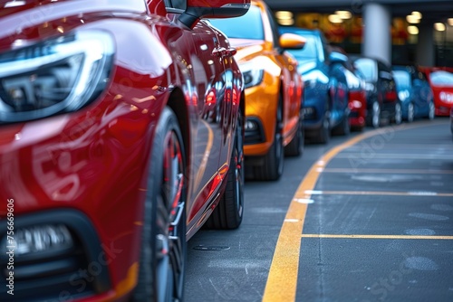 Many different cars are standing in line waiting to enter the parking lot. © Маргарита Вайс