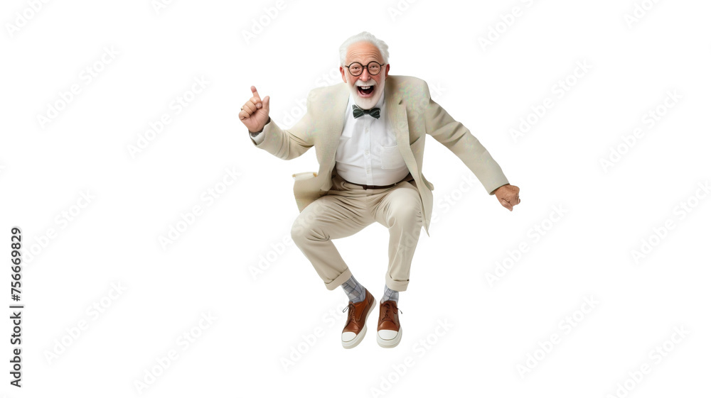 Elderly man jumping with joy on white background