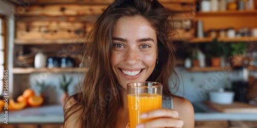 A woman holding up an orange juice glass and smiling in the kitchen  with a modern wooden interior in the background. T