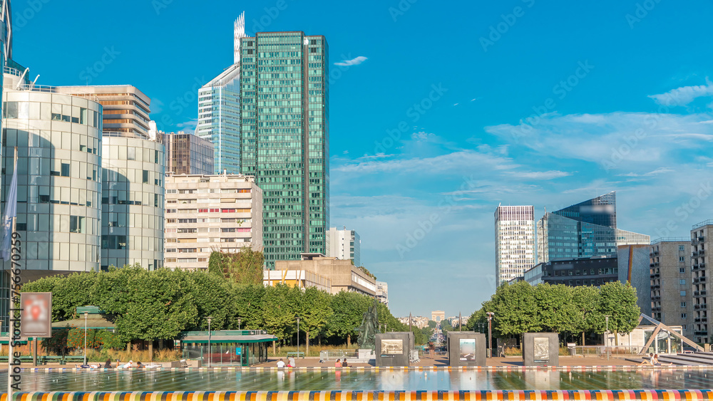Skyscrapers of La Defense timelapse - Modern business and residential area in the near suburbs of Paris, France.