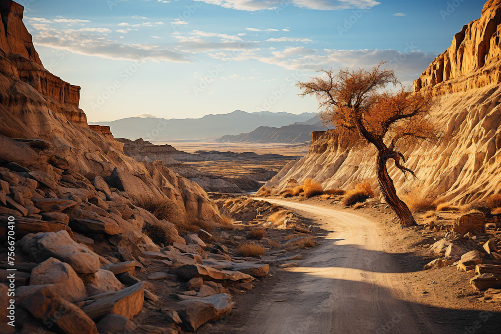 Desert road bordered by towering sandstone formations, carved by the winds over centuries, creating a surreal and otherworldly environment.