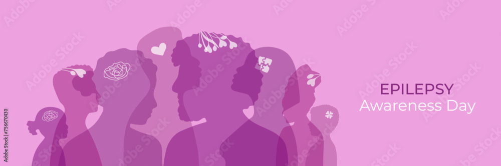 Purple Day banner. World Epilepsy Awareness month background with various silhouettes of adults and children of different nationalities and appearances. Diversity people contour in flat style