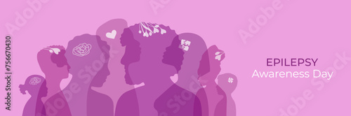 Purple Day banner. World Epilepsy Awareness month background with various silhouettes of adults and children of different nationalities and appearances. Diversity people contour in flat style