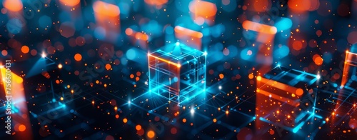 Abstract background with glowing cubes in blue and orange colors. Digital technology concept. 