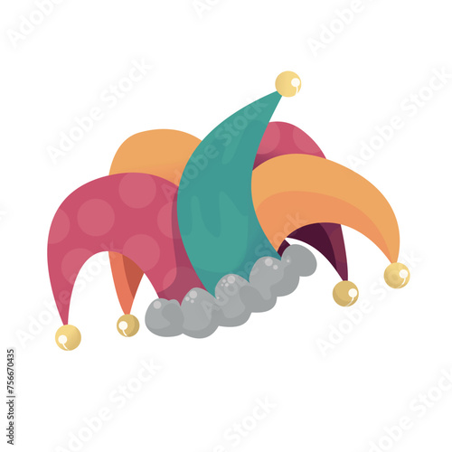 Colored jester hat with bells icon. April Fool's Day, theater. Vector illustration on white background