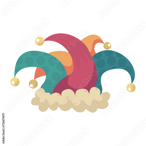 Colored jester hat with bells icon. April Fool's Day, theater. Vector illustration on white background