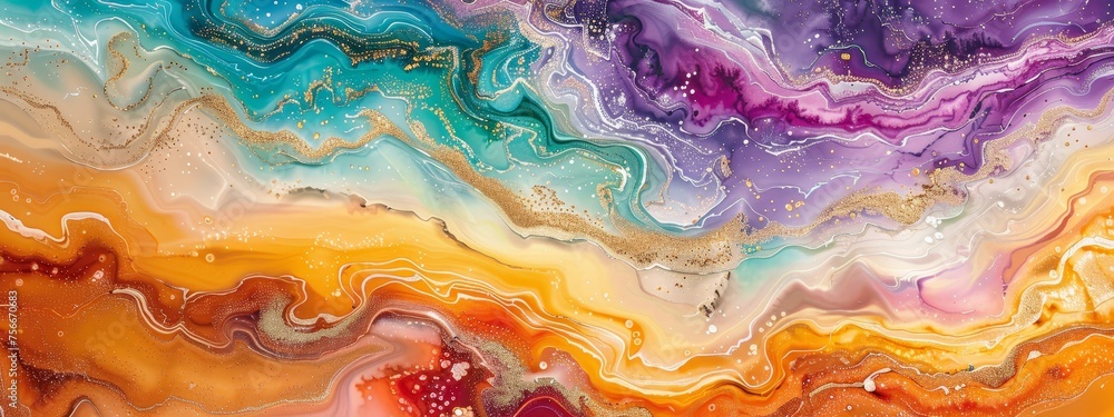Abstract fluid art with swirling colors and patterns, reminiscent of vibrant watercolors. 