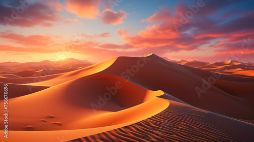 Endless sand dunes stretching across a mesmerizing desert landscape  bathed in the soft light of the setting sun.
